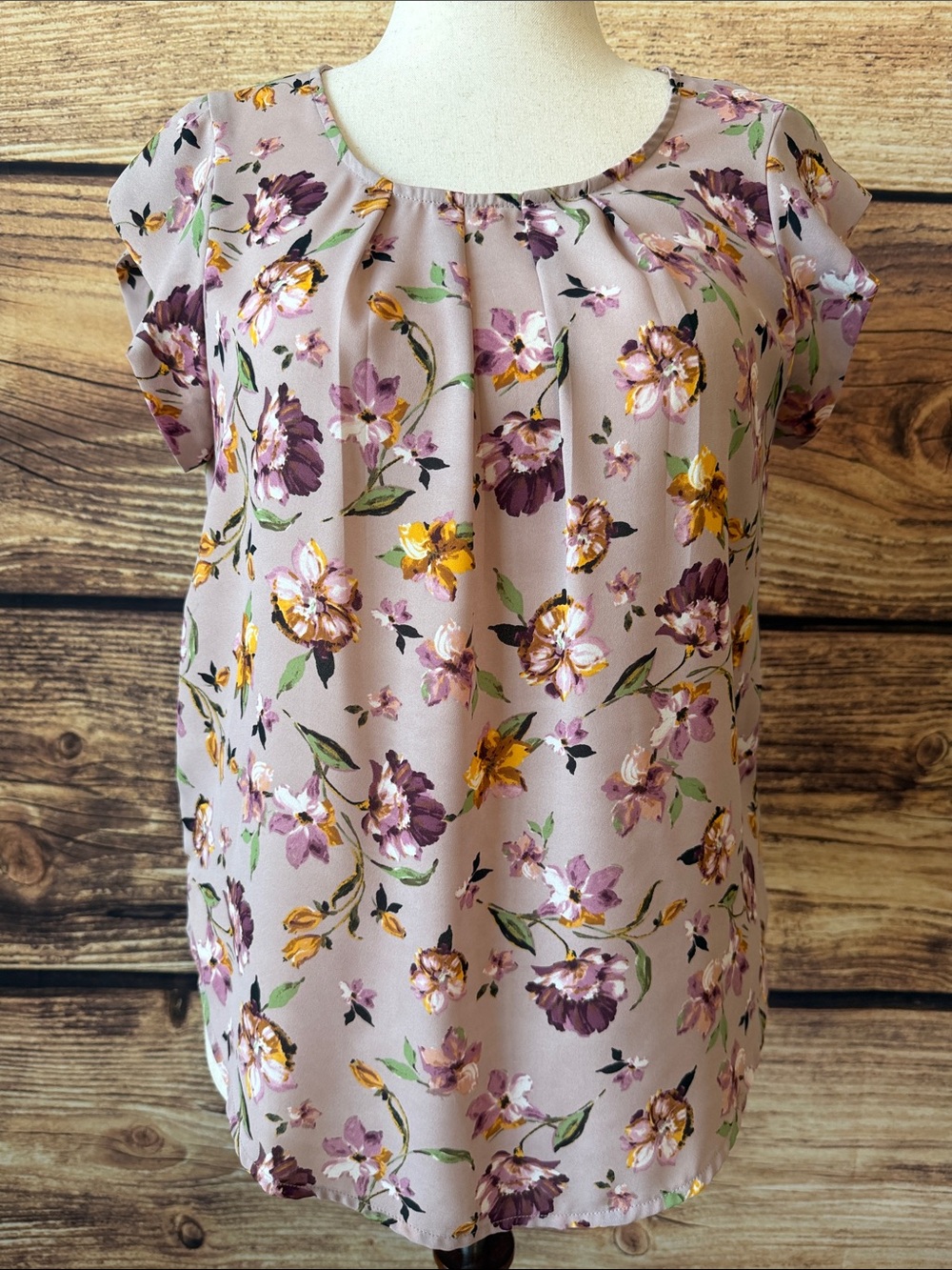 Alice Blue Mauve Floral Scoop-Neck Blouse with Yellow Accents